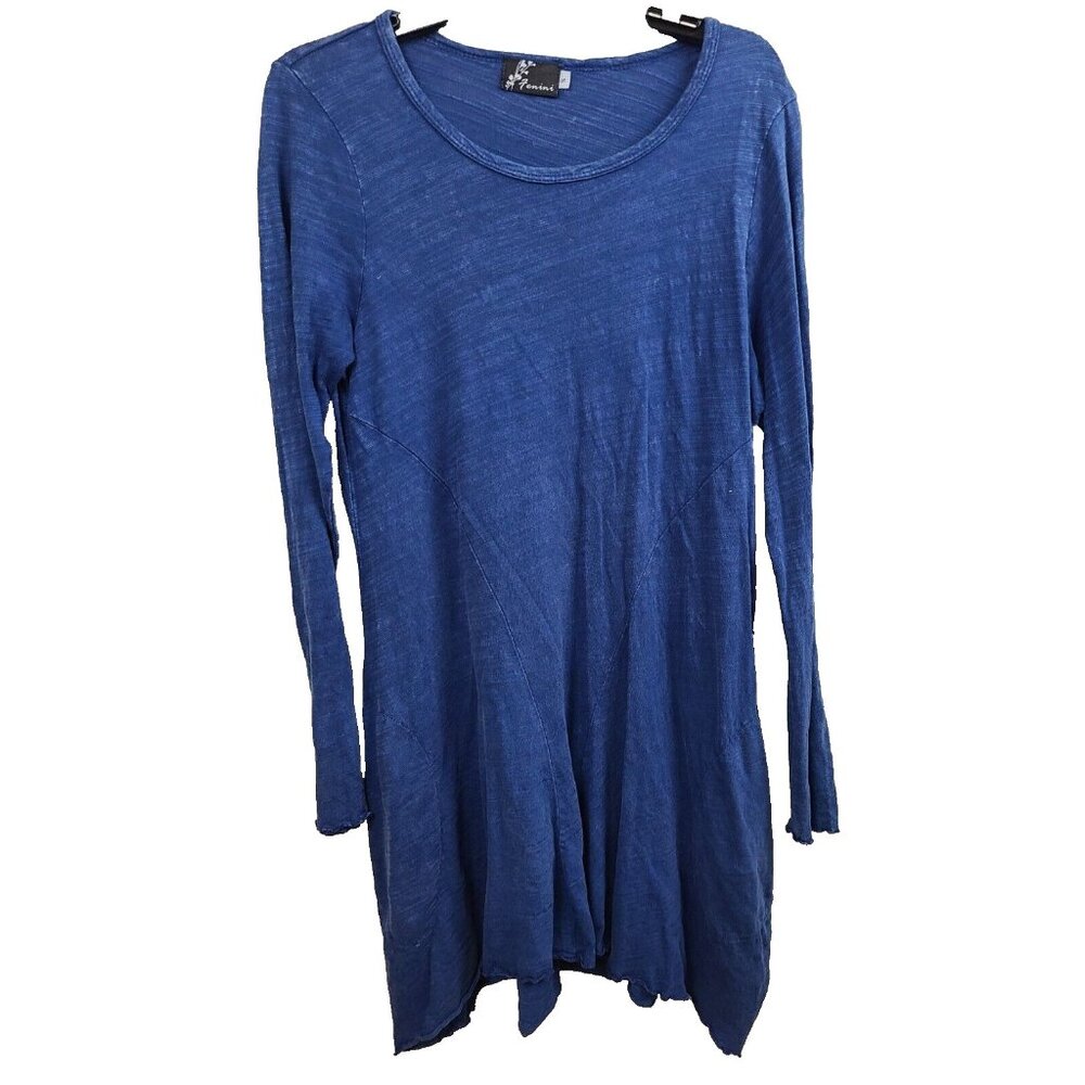 Fenini Womens Lagenlook Shirt Dress Small Blue Washed Long Sleeve Coastal